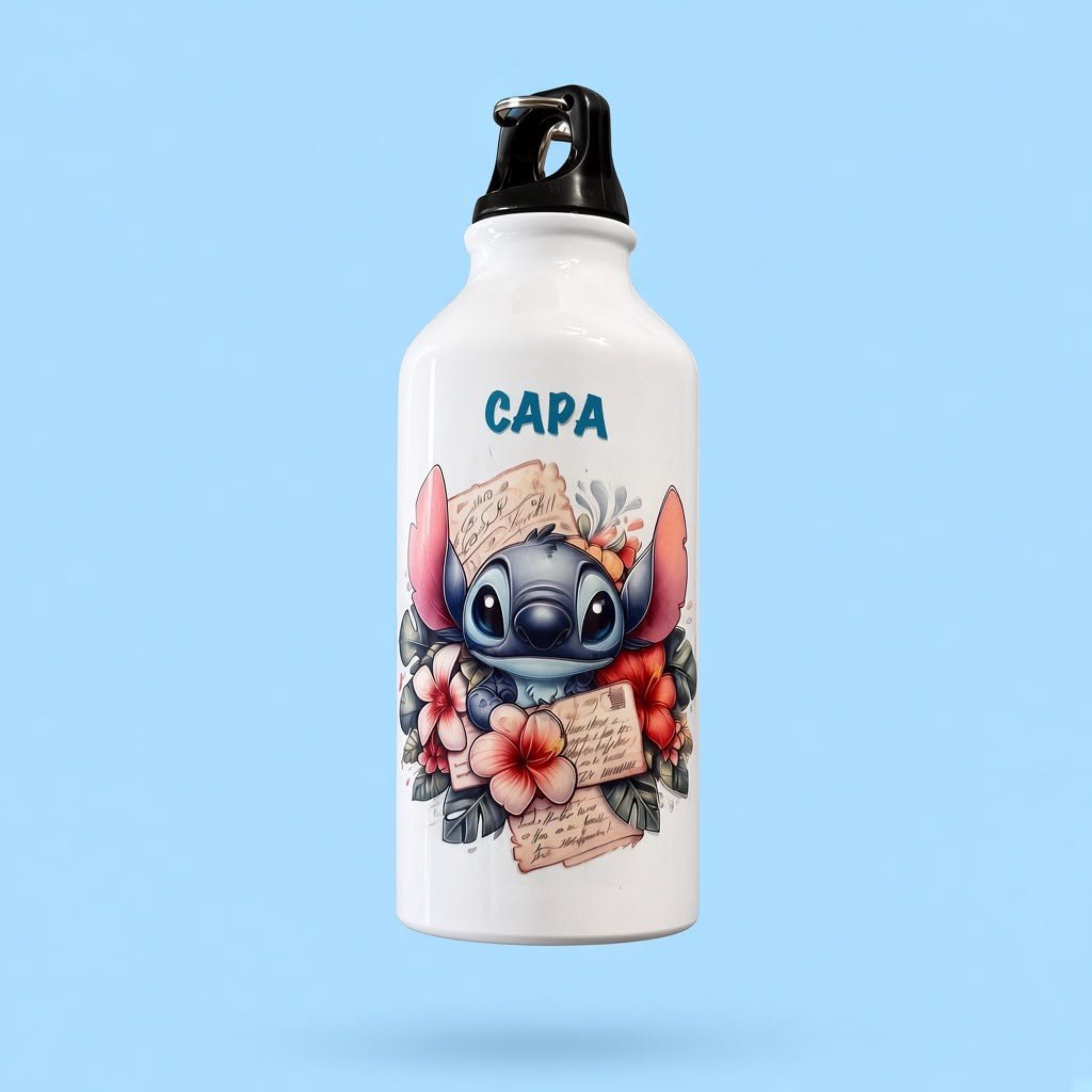 Bela flašica sa crtežom Stitch-a, cvećem i natpisom Capa